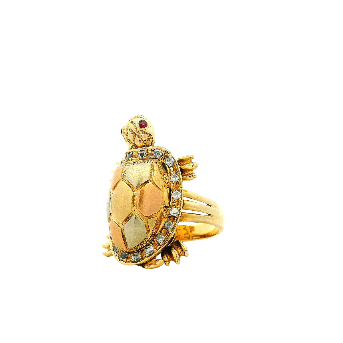 14k Yellow Gold Turtle Hinged Shell Cocktail Ring — macro detail of the stones