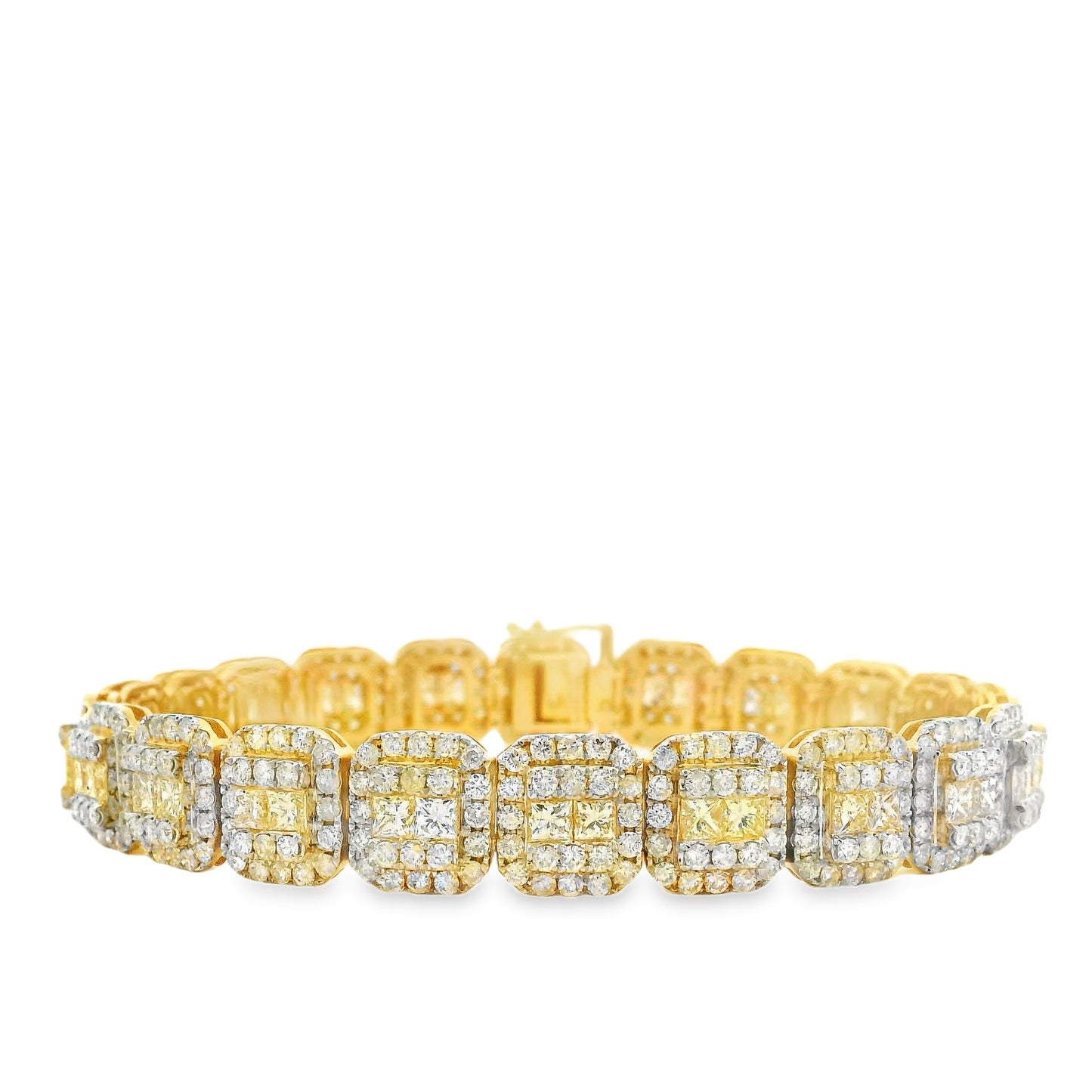 14k Yellow Gold 14.58ctw Princess Cut and Round Brilliant Diamond Cluster Tennis Bracelet — macro detail of the clasp