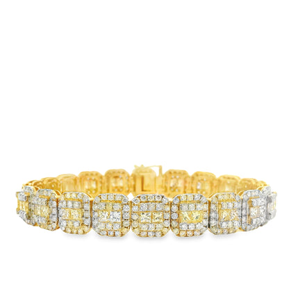 14k Yellow Gold 14.58ctw Princess Cut and Round Brilliant Diamond Cluster Tennis Bracelet — macro detail of the clasp