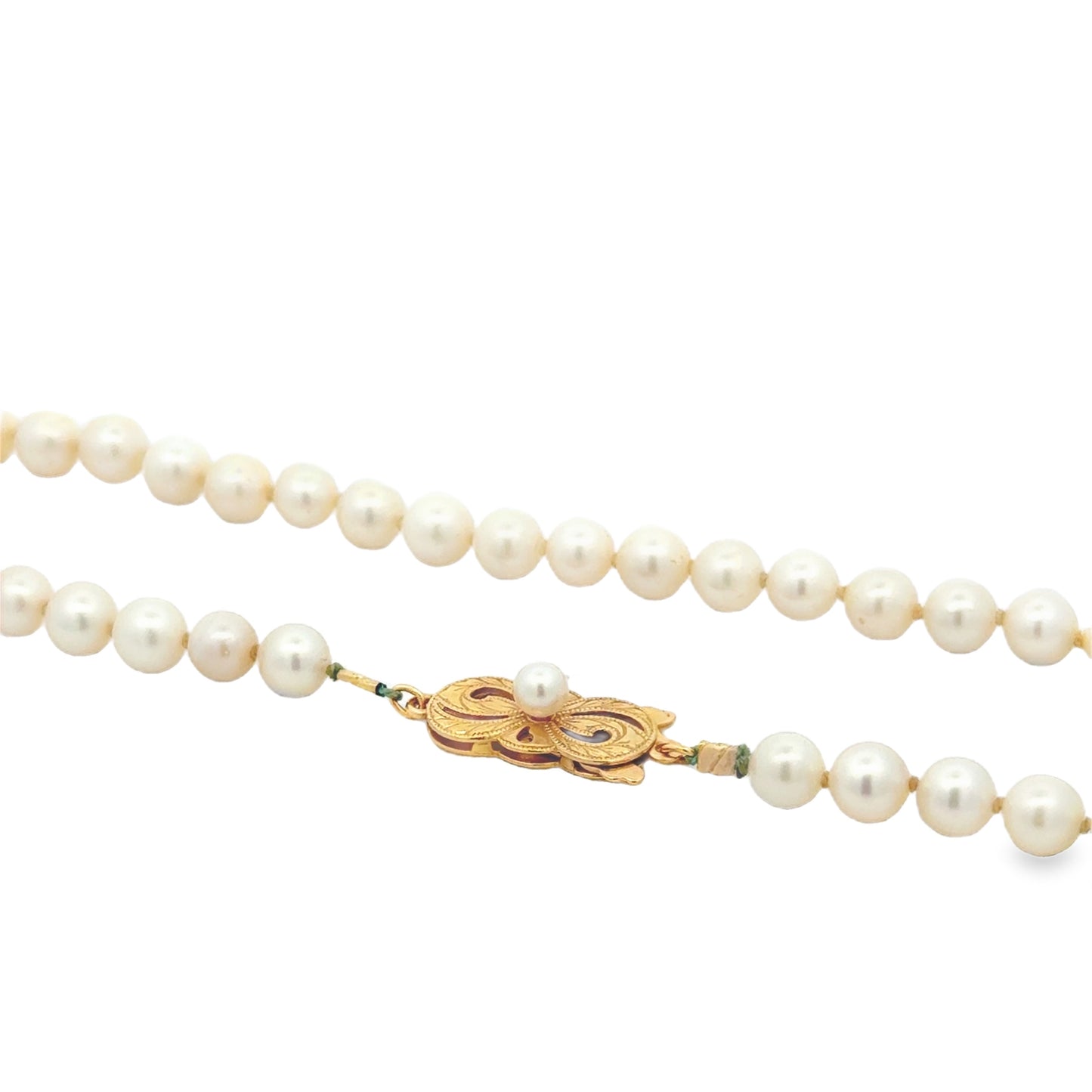 Mikimoto 18k Yellow Gold Akoya Pearl Strand Necklace 16" — macro detail of the dial