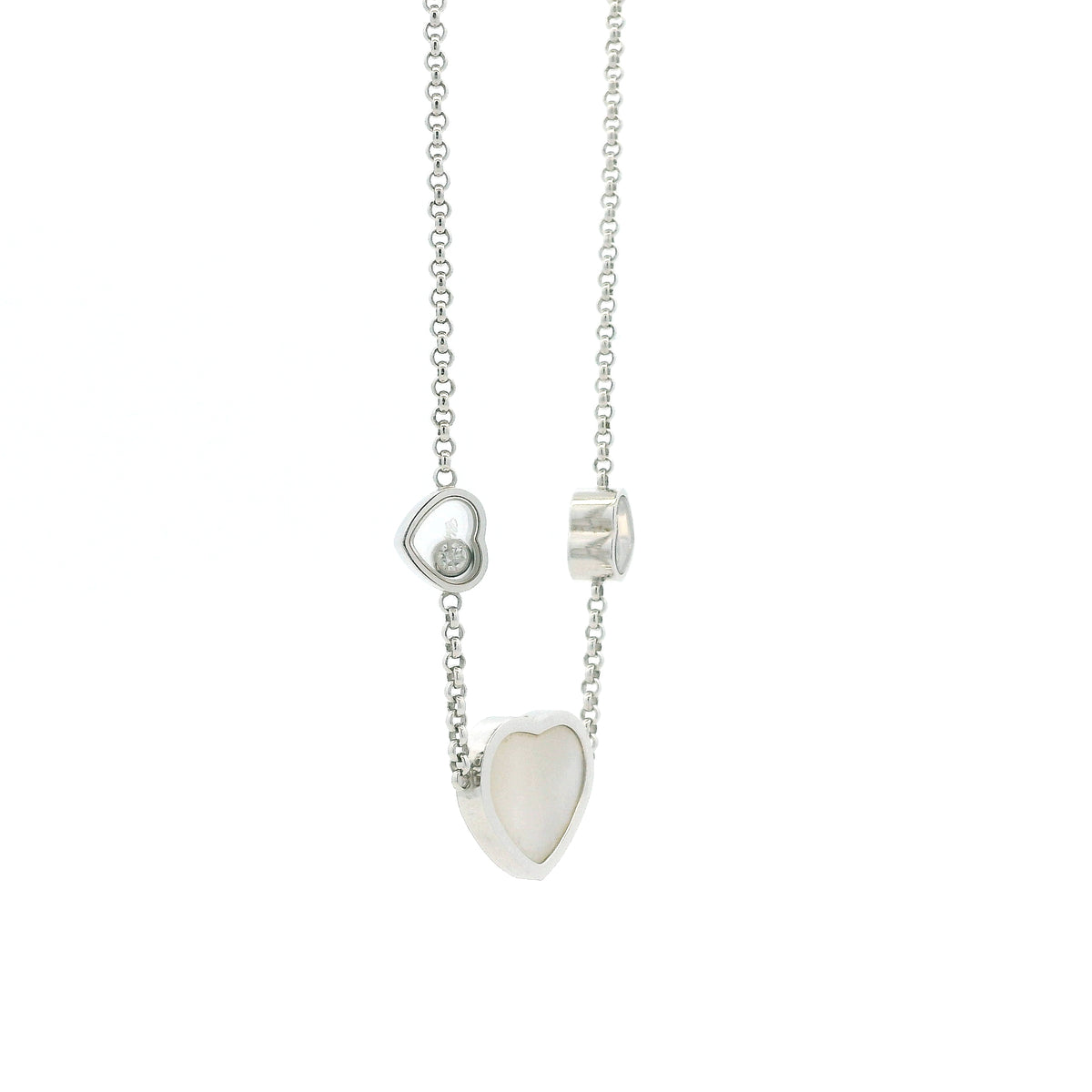Chopard Happy Hearts 18k White Gold Diamond Mother of Pearl Heart Pendant Necklace — side profile showing case thickness