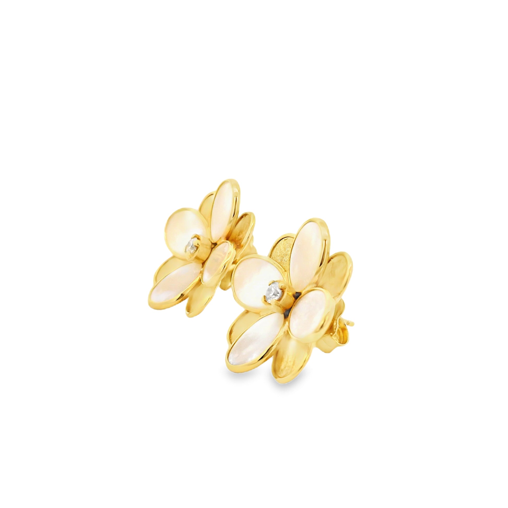 Marco Bicego 18k Yellow Gold 0.60ctw Diamond and Mother of Pearl Petali Flower Stud Earrings — side profile