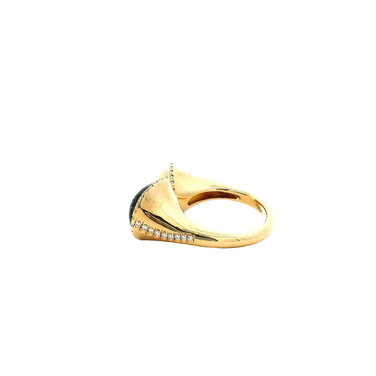 18k Yellow Gold White Opal and Black Opal Toi et Moi Ring — side profile showing the band