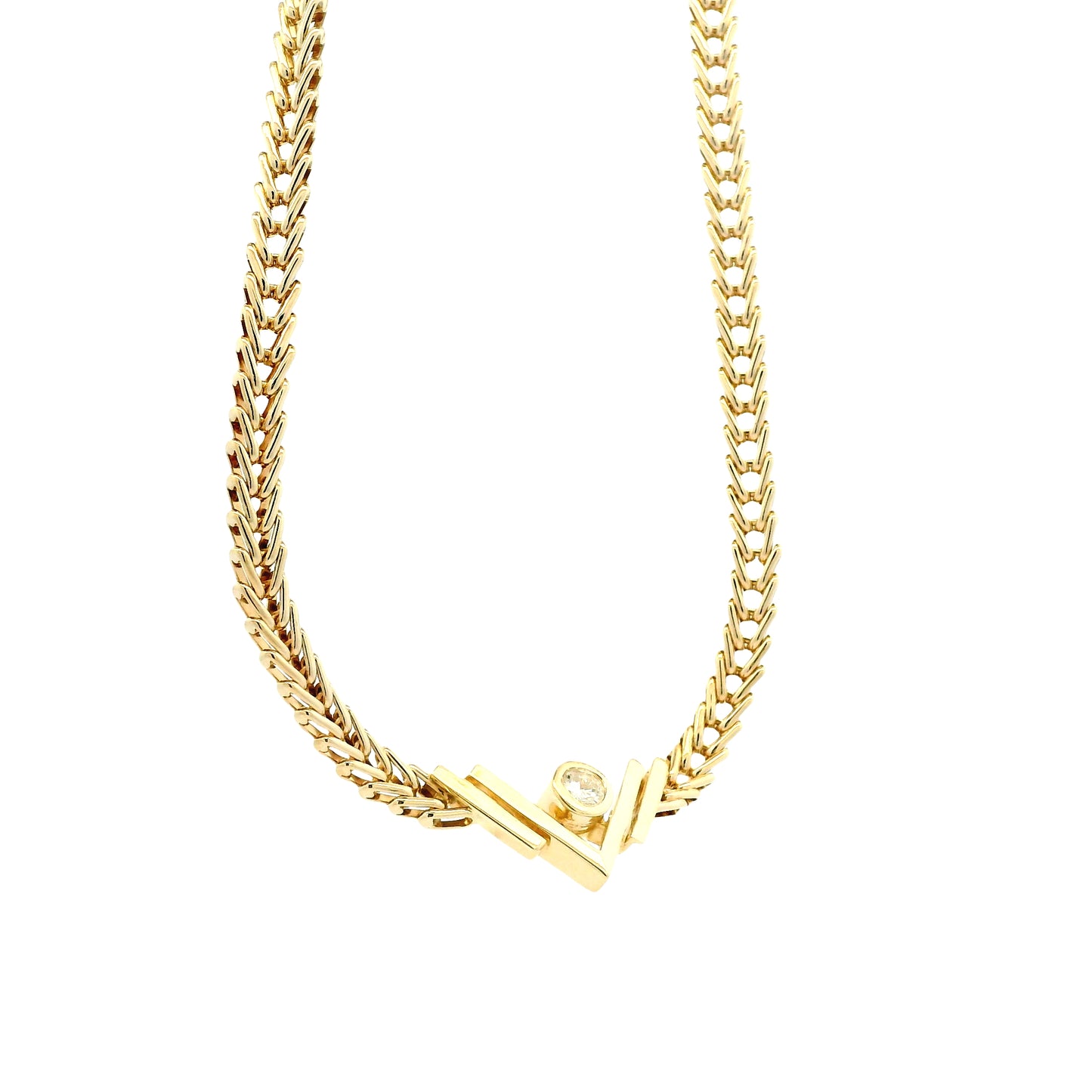 14k Yellow Gold V-Shaped Pendant Necklace with 0.10ct Round Diamond — side profile showing the band