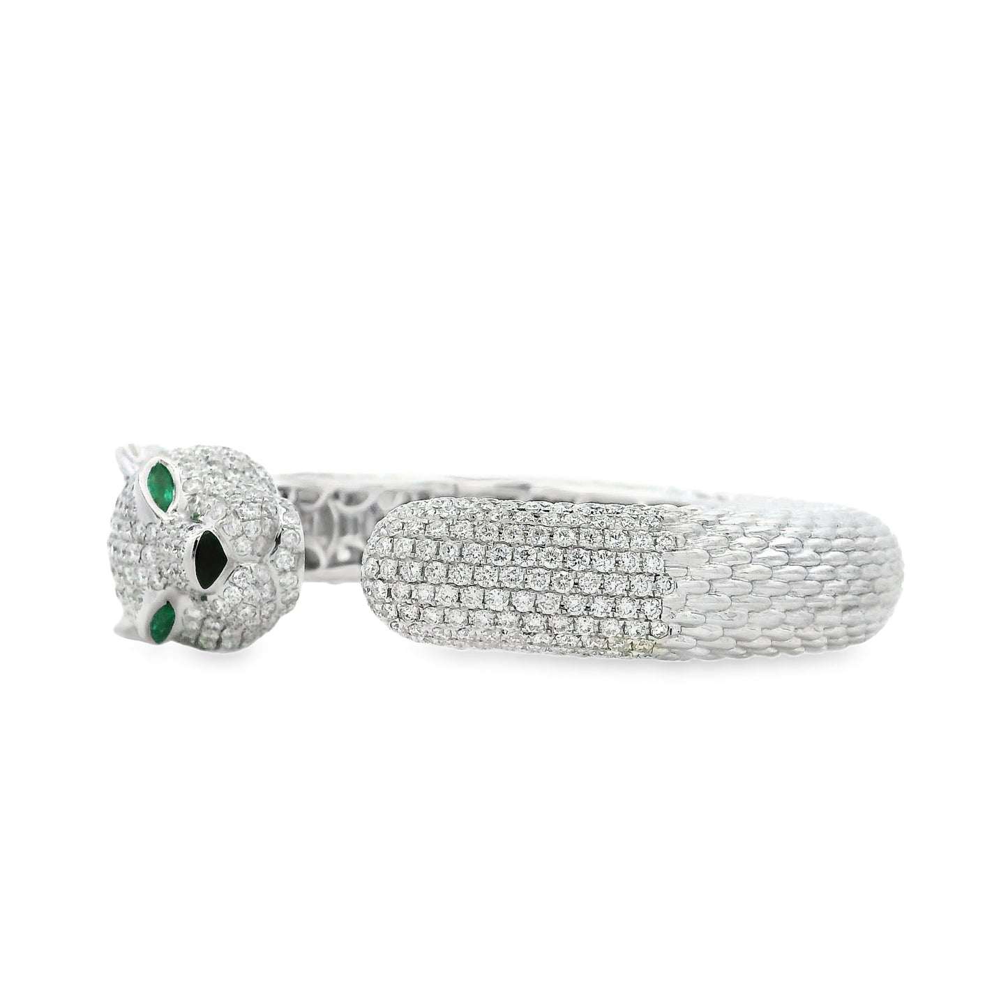 18k White Gold 0.31ctw Emerald and 10.57ctw Round Diamond Pavé Panther Hinged Bangle Bracelet — side profile
