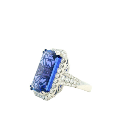 18k White Gold 34.72ct Emerald Cut Tanzanite and 2.26ctw Diamond Halo Cocktail Ring — side profile showing the band