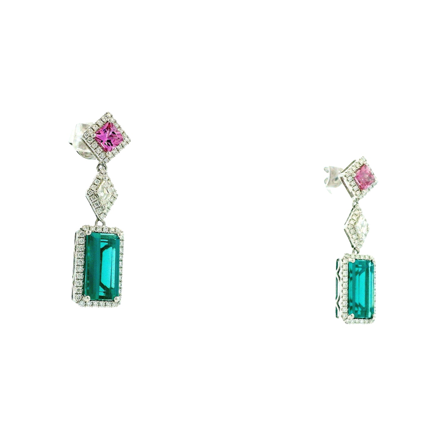 14k White Gold 6.52ctw Blue Tourmaline, Pink Sapphire, and Diamond Drop Earrings — side profile