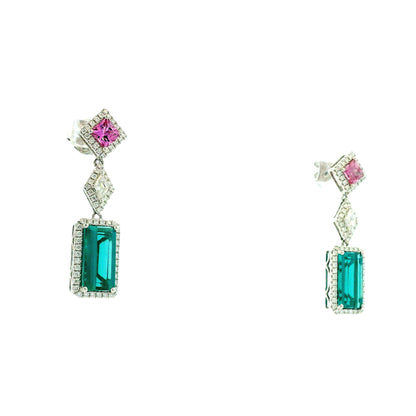 14k White Gold 6.52ctw Blue Tourmaline, Pink Sapphire, and Diamond Drop Earrings — side profile