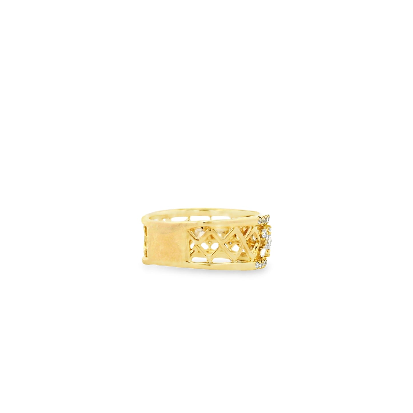 Gabriel and Co. 14k Yellow Gold Three Row 1.12ctw Diamond Wide Band Ring — side profile showing the band