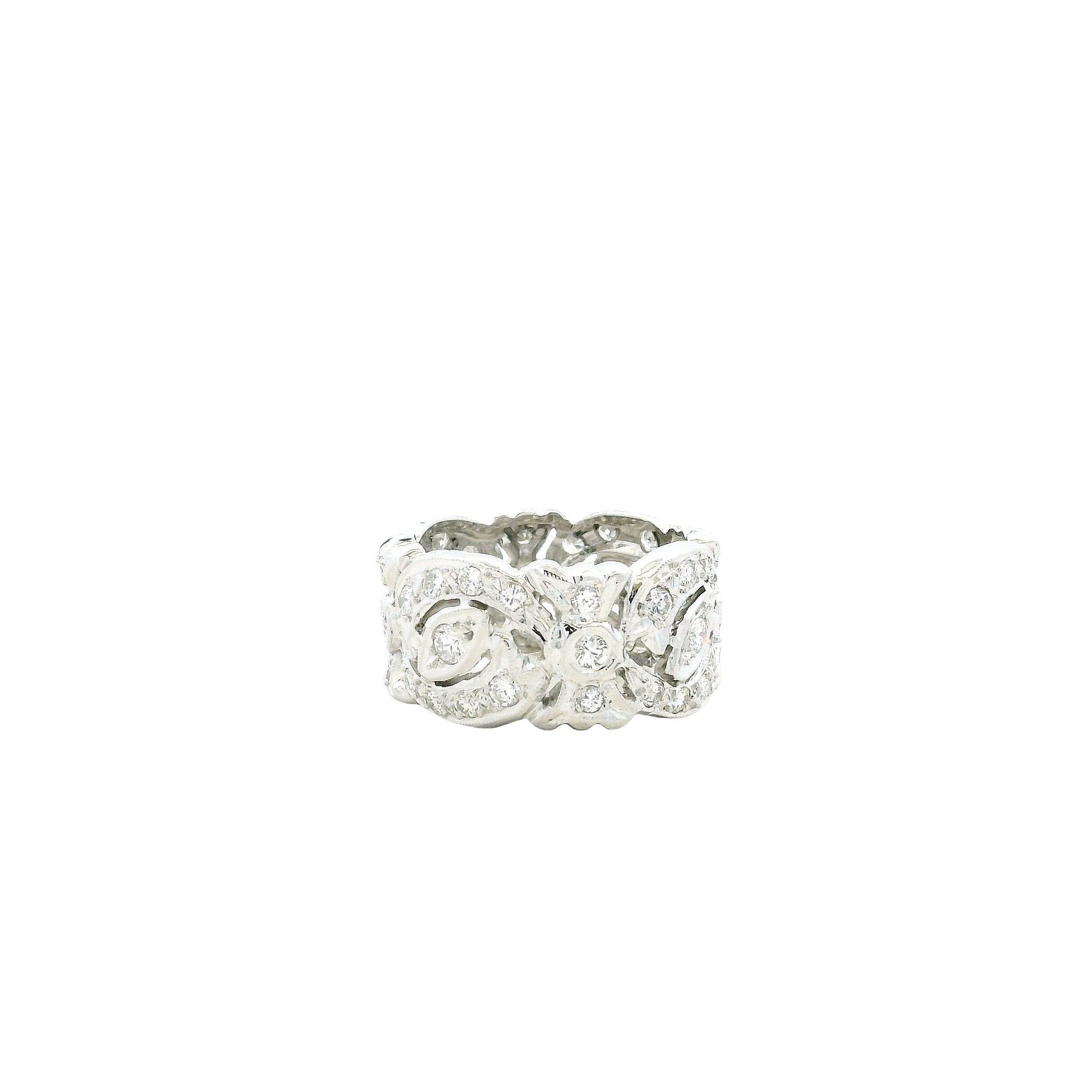 14k White Gold 1.5ctw Vintage-Style Pavé Diamond Filigree Ring — side profile showing the band