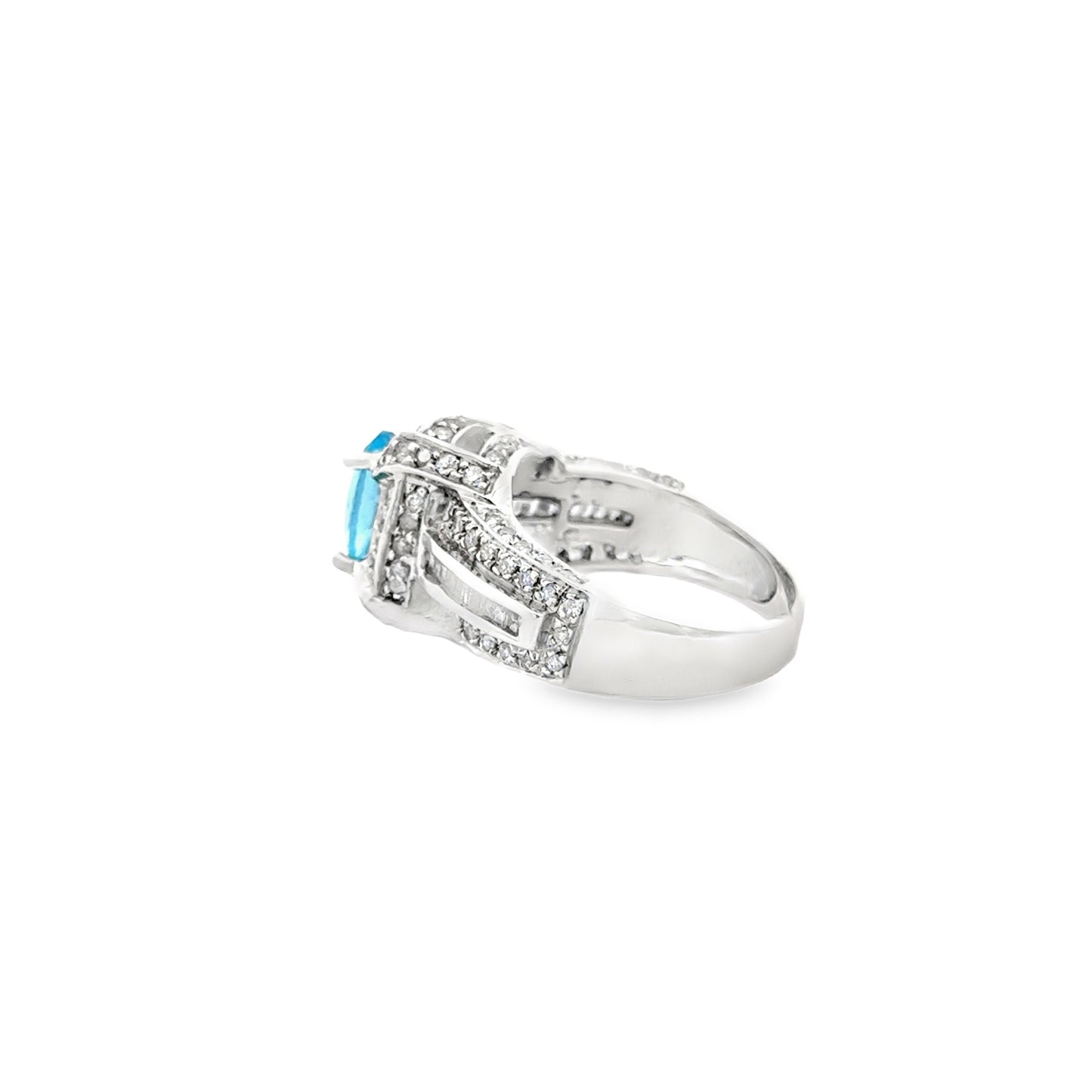 White Gold Oval Blue Gemstone Halo Cocktail Ring — side profile