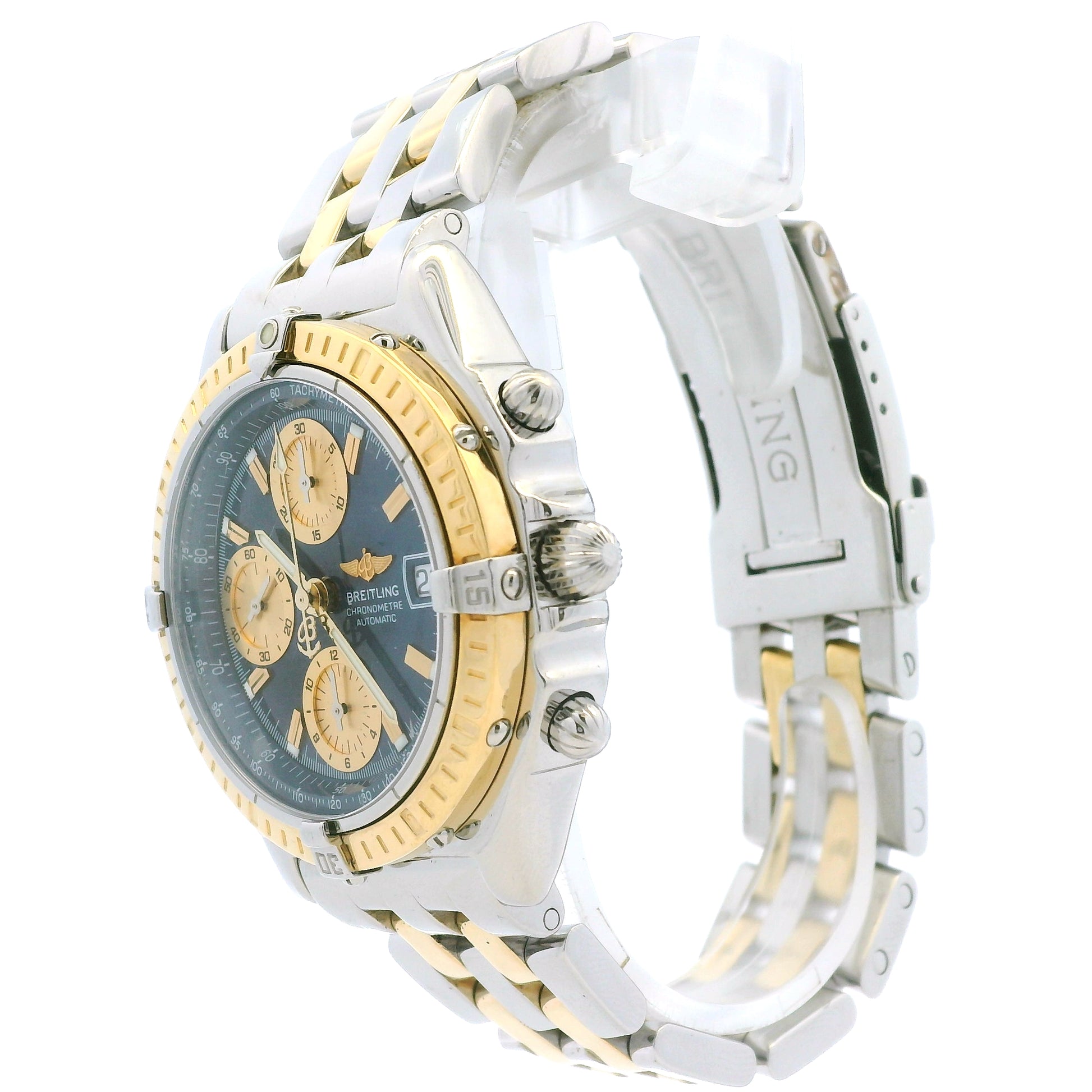 Breitling D13352 Chronomat 39mm Blue Dial Two-Tone Watch — side profile showing case thickness