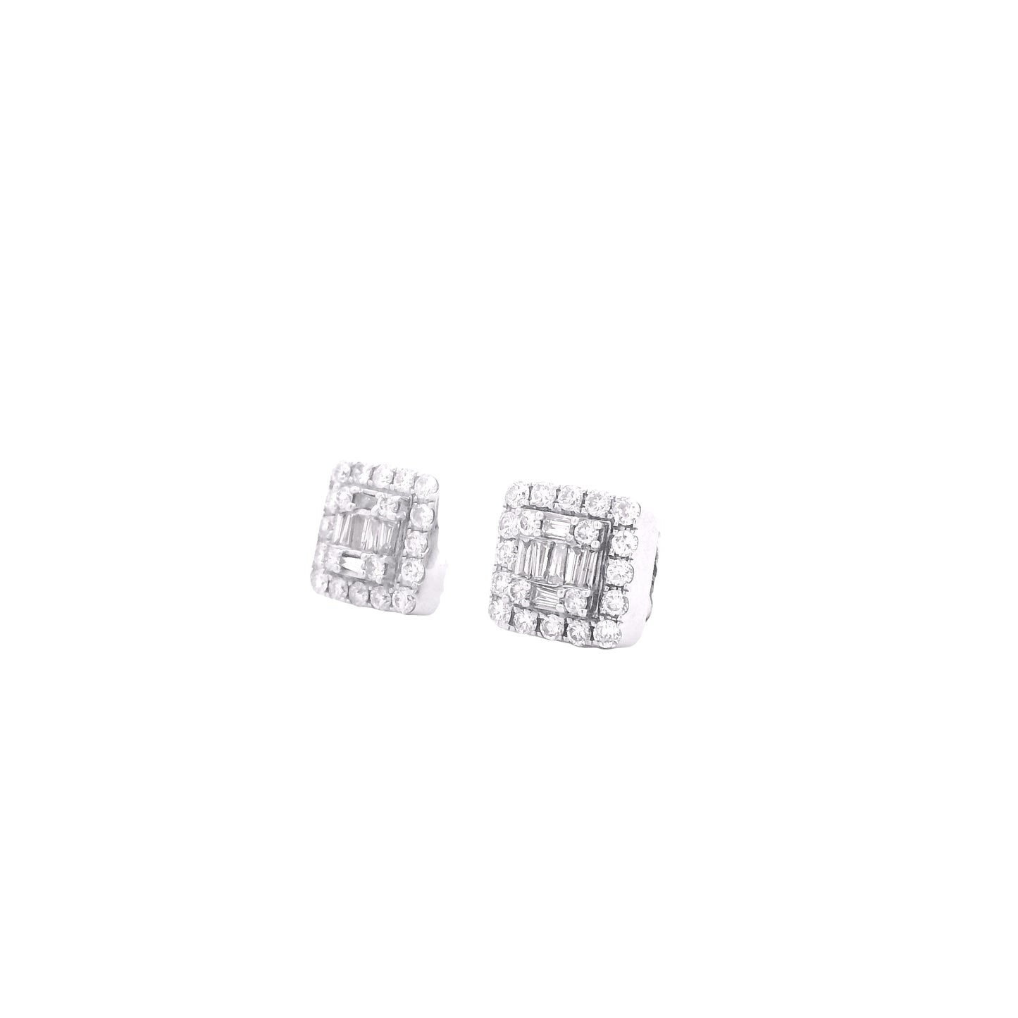 14k White Gold Baguette and Round Diamond Cluster Stud Earrings — side profile showing case thickness