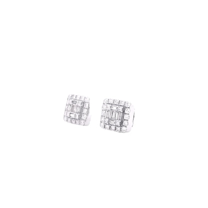 14k White Gold Baguette and Round Diamond Cluster Stud Earrings — side profile showing case thickness