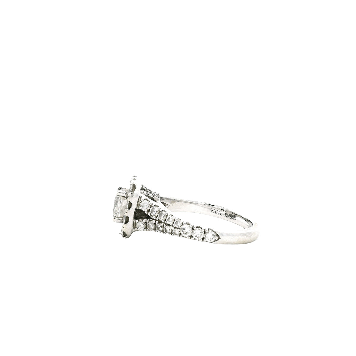 Neil Lane 14k White Gold 0.75ct Cushion Diamond Halo Engagement Ring — side profile showing the band