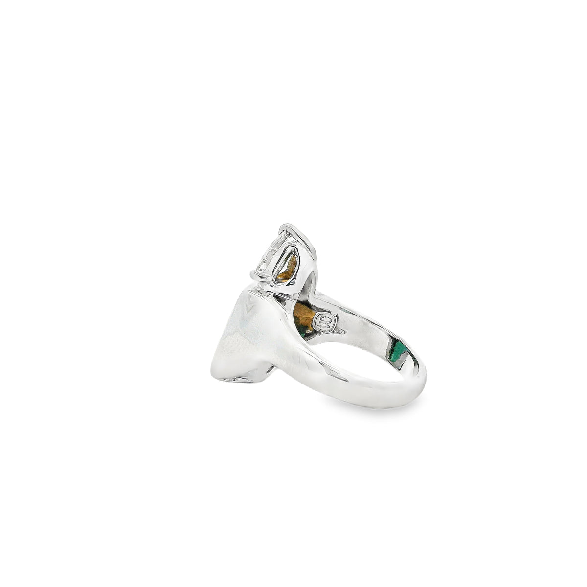 Platinum 4ct Tourmaline and 0.90ctw Trilliant Cut Diamond Ring — side profile showing the band
