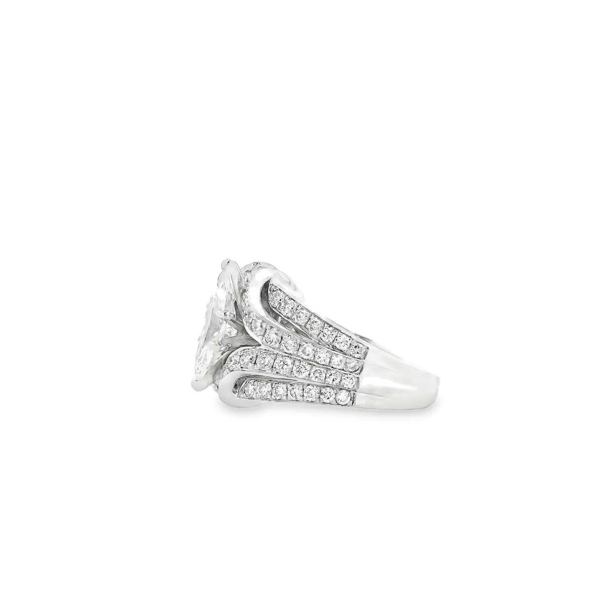 14k White Gold 0.90ct Marquise Diamond and 2.0ctw Round Brilliant Diamond Ring — side profile showing the band