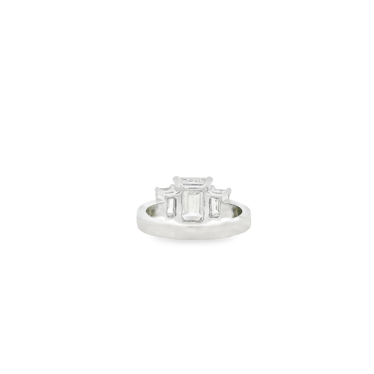 14k White Gold 2.02ct Emerald Cut Diamond Three-Stone Ring — side profile showing the band