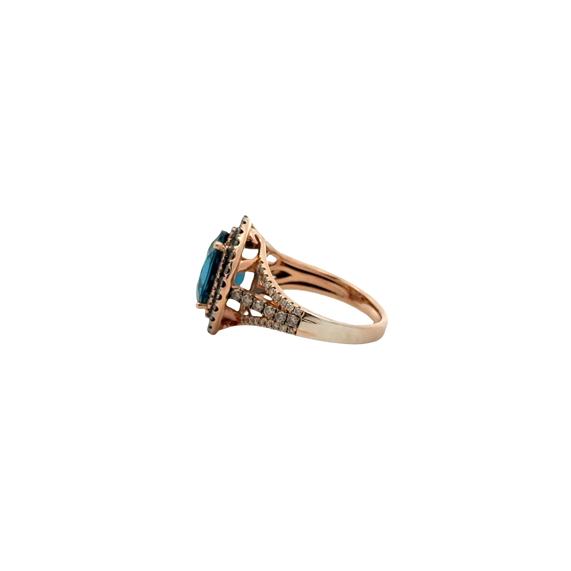 14k White and Rose Gold Le Vian Deep Sea Blue Topaz Oval Halo Ring — side profile showing the band