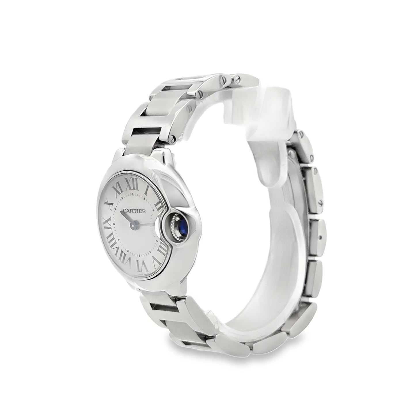 Cartier Ballon Bleu 28mm White Dial Stainless Steel Watch — side profile showing case thickness