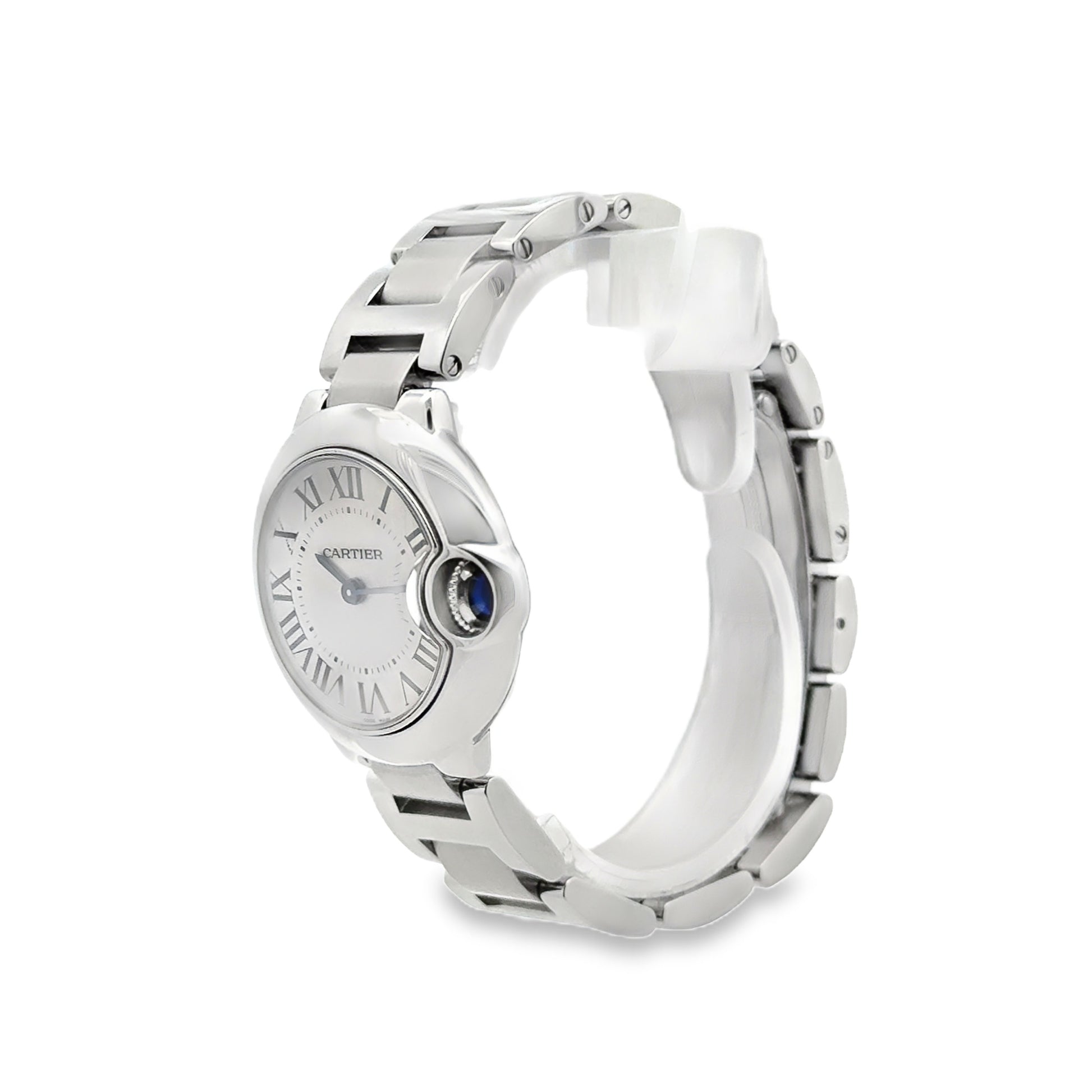 Cartier Ballon Bleu 28mm White Dial Stainless Steel Watch — side profile showing case thickness