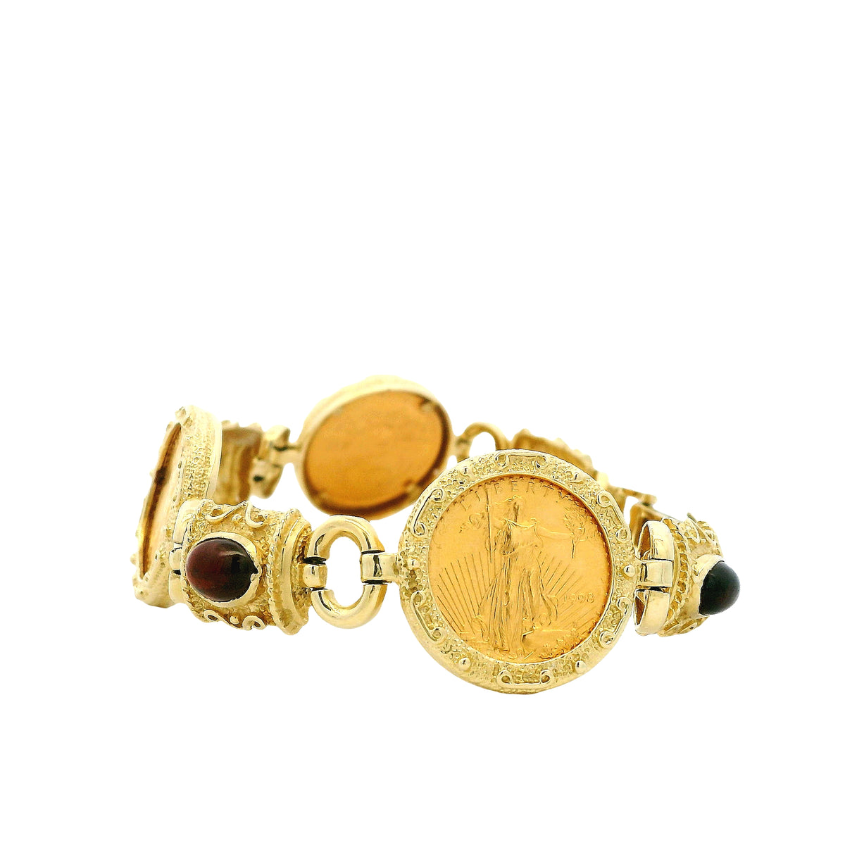 14k Yellow Gold American Eagle Coin Bracelet with Cabochon Gemstones — side profile