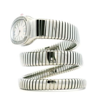 Bvlgari 101910 Serpenti Tubogas 35mm Diamond Bezel Stainless Steel Watch — side profile showing case thickness