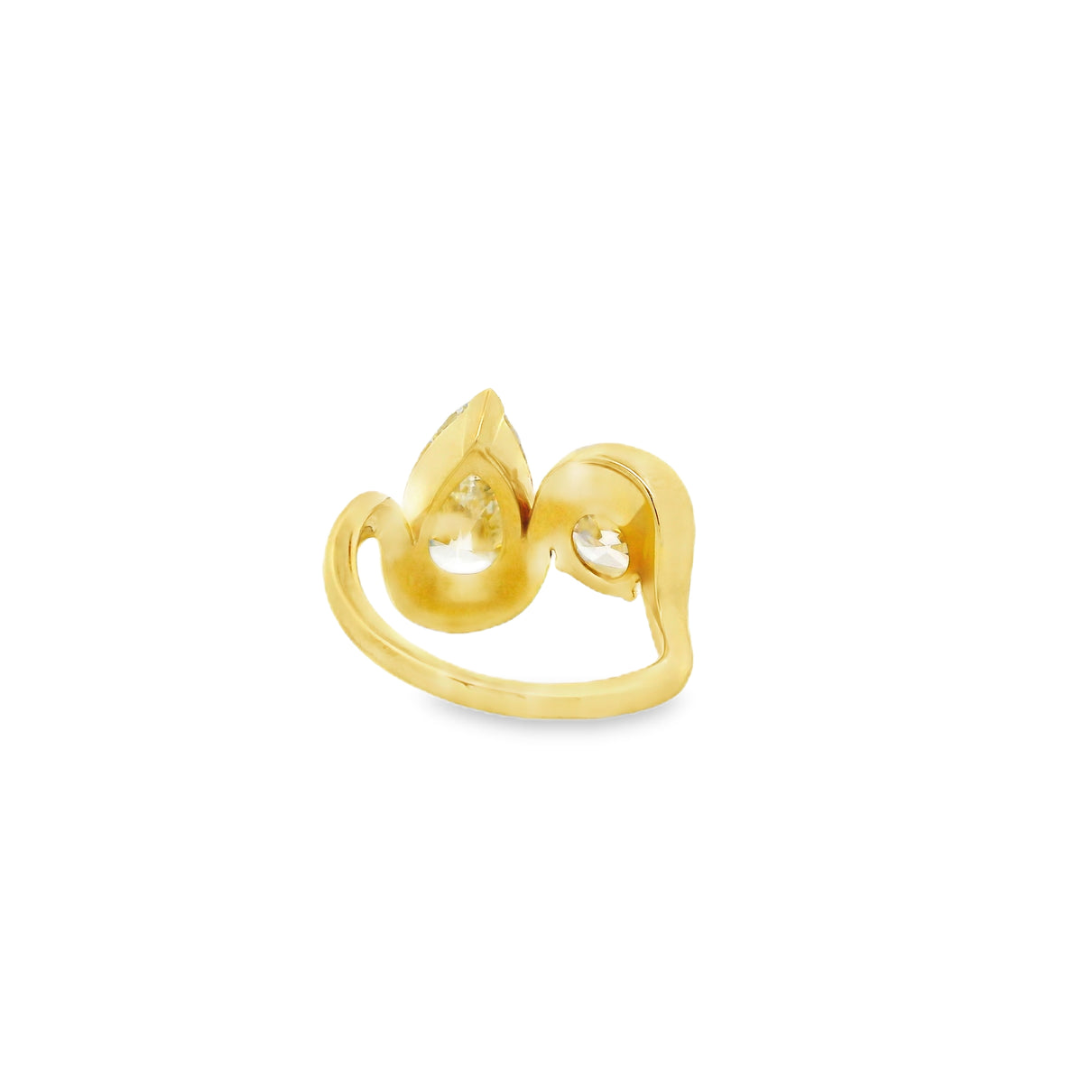 18k Yellow Gold 3.01ct Pear Cut and 1.47ct Round Cut Two-Stone Diamond Ring — side profile showing the band