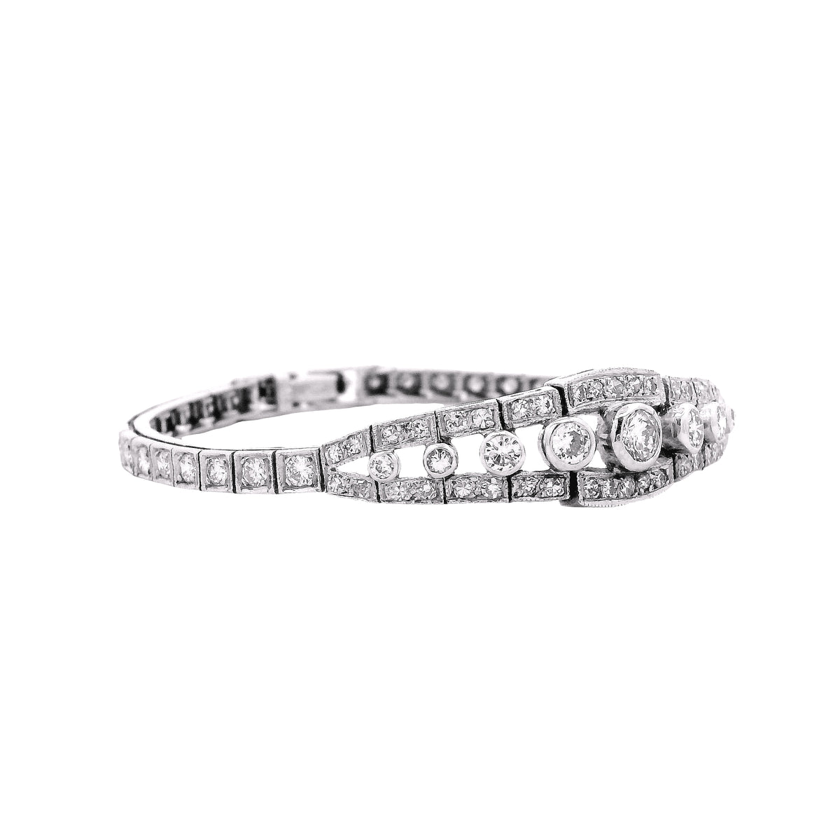 14k White Gold 2.50ctw Round Brilliant Diamond Art Deco Cluster Bracelet — side profile