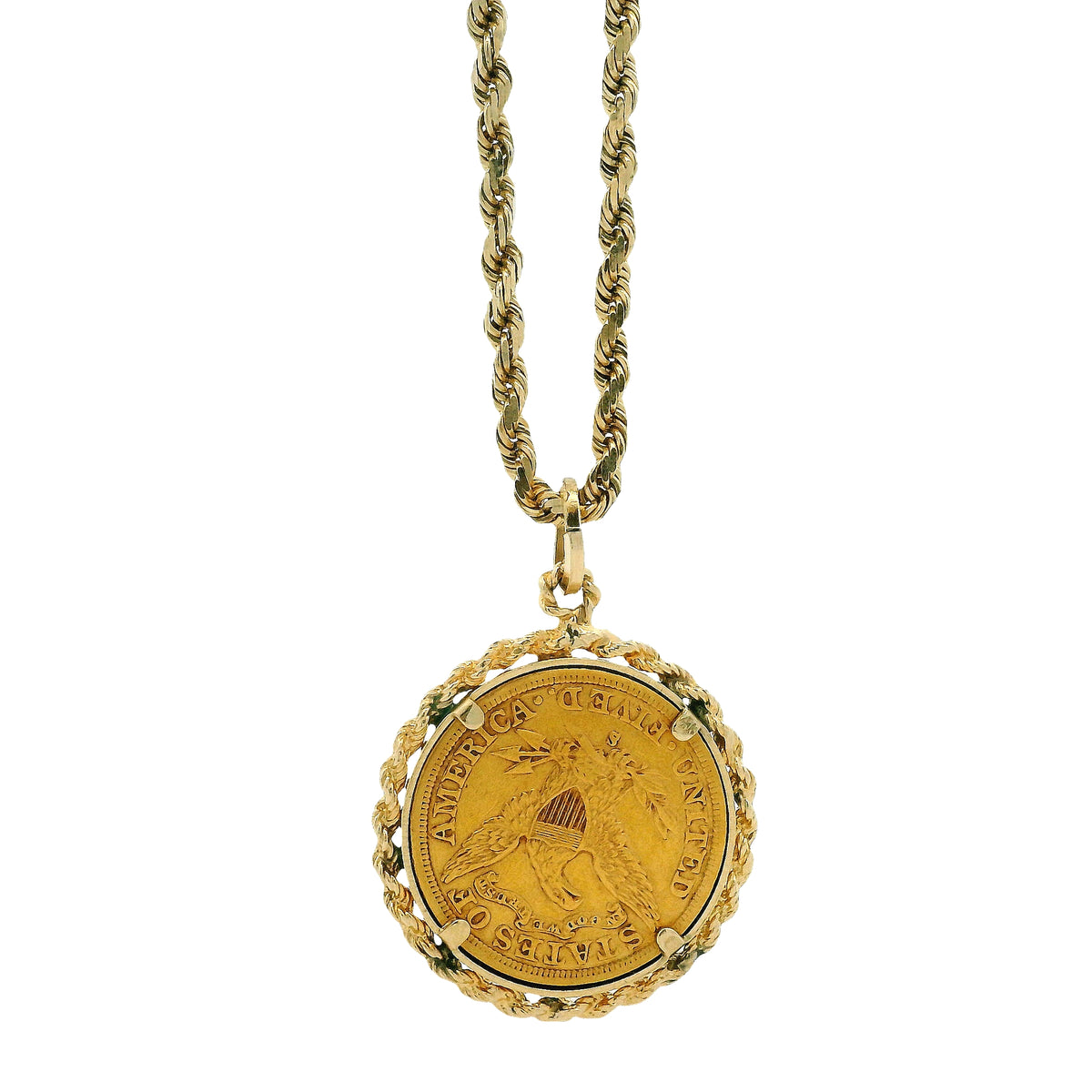 14k Yellow Gold Rope Chain Necklace with 1901 Liberty Head $5 Gold Coin Pendant 24" — clasp detail