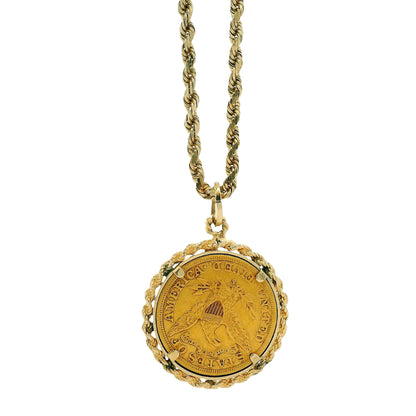 14k Yellow Gold Rope Chain Necklace with 1901 Liberty Head $5 Gold Coin Pendant 24" — clasp detail