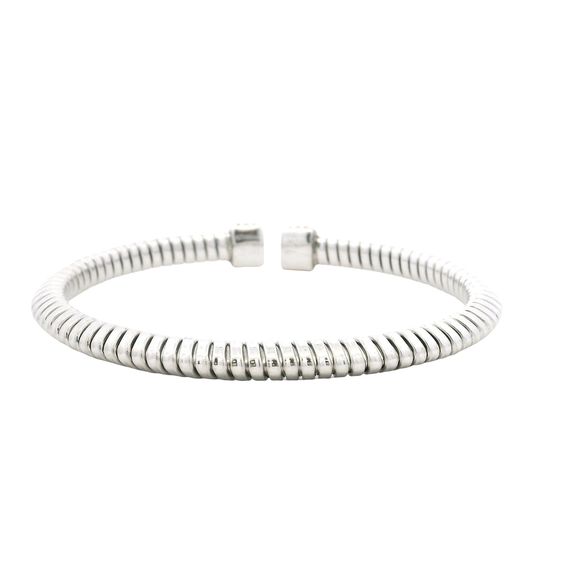 18k White Gold 0.48ctw Round Brilliant Diamond Ribbed Pavé Bangle Bracelet — side profile