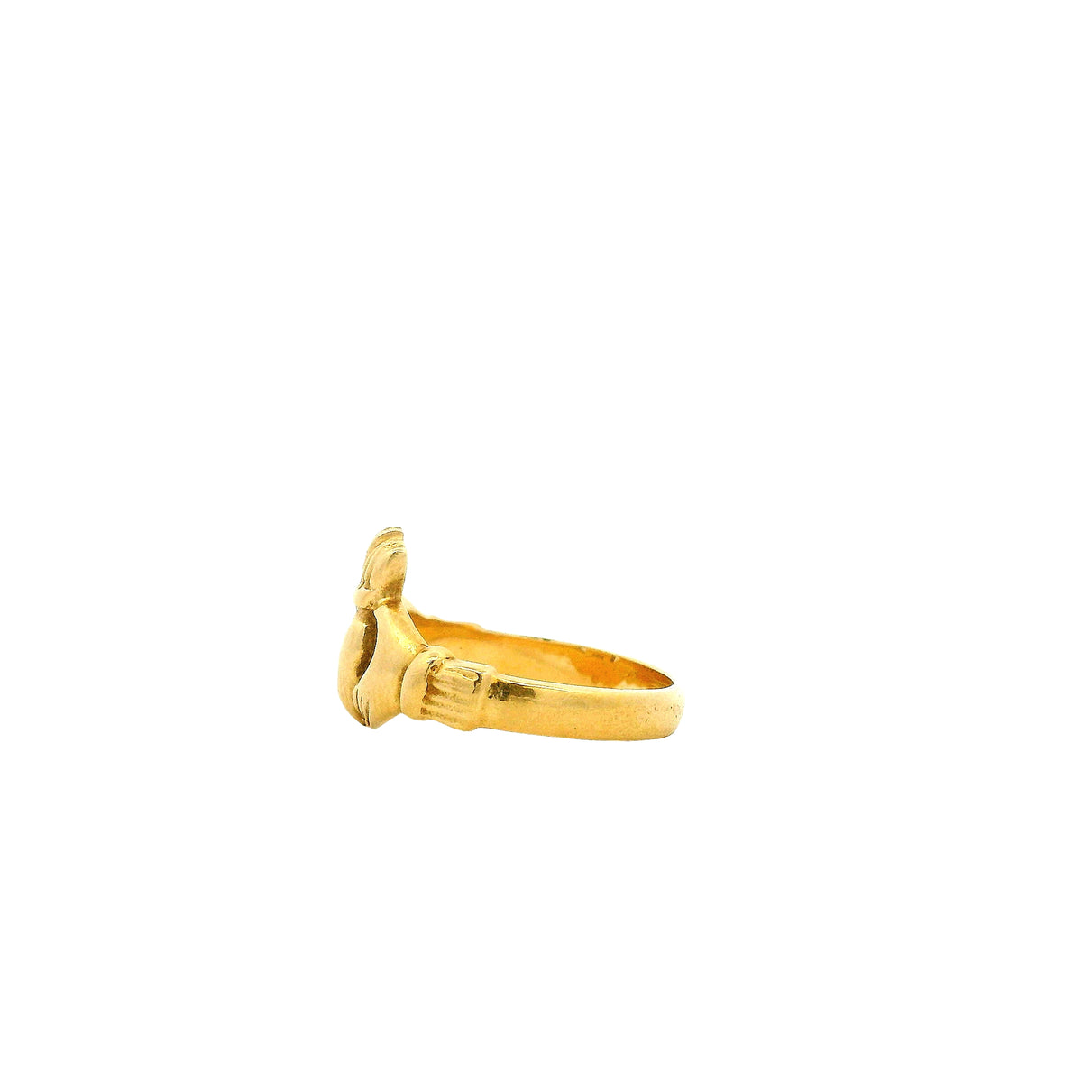 14k Yellow Gold Claddagh Irish Friendship Ring — side profile showing the band