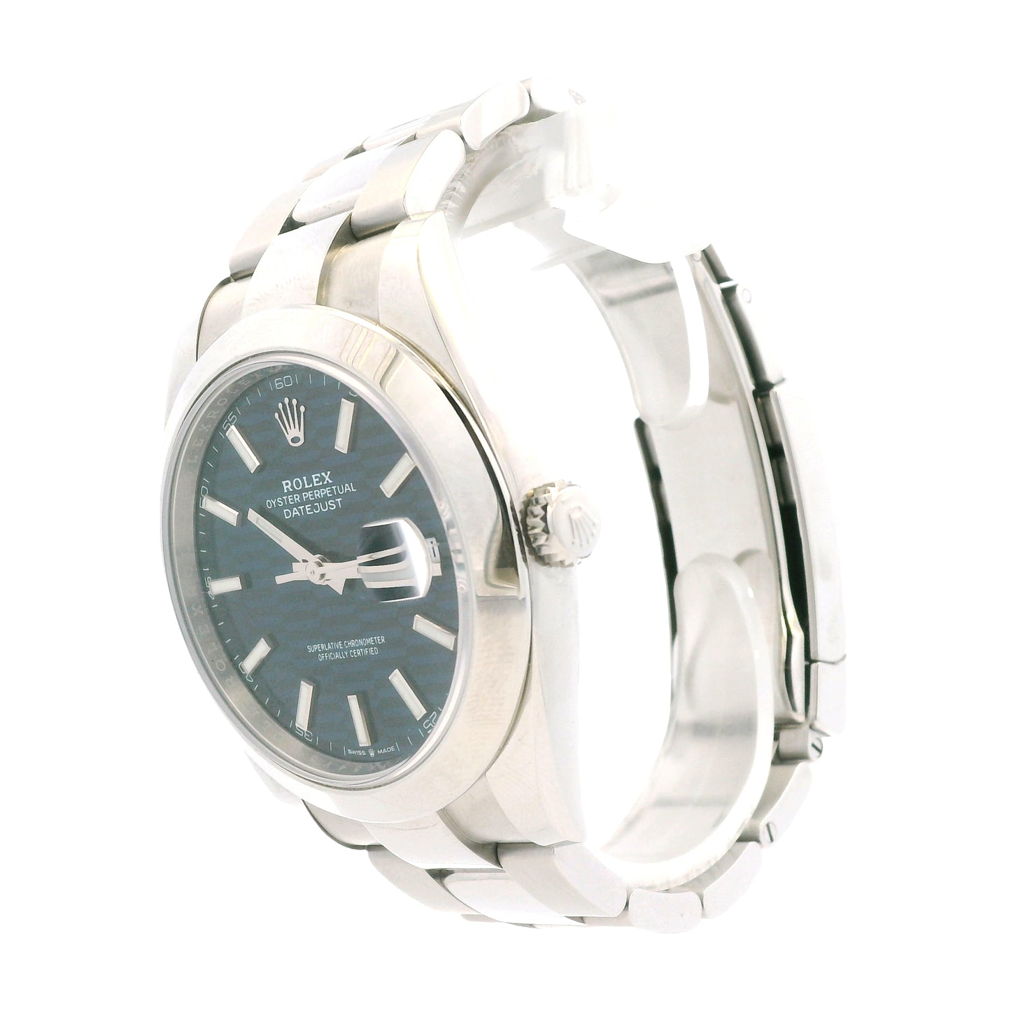 Rolex 126300 Datejust 41mm Blue Motif Dial Stainless Steel Watch — side profile showing case thickness
