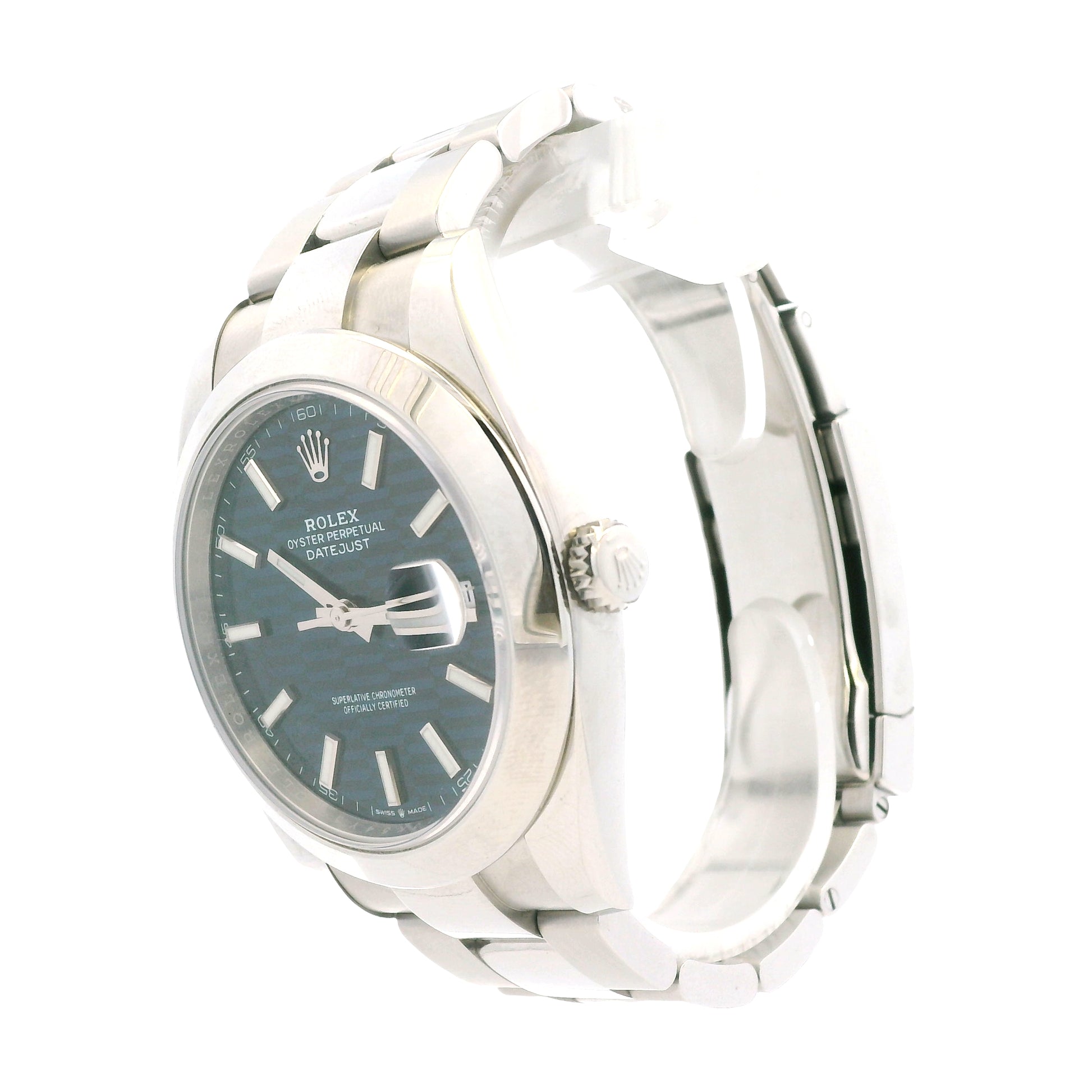 Rolex 126300 Datejust 41mm Blue Motif Dial Stainless Steel Watch — side profile showing case thickness