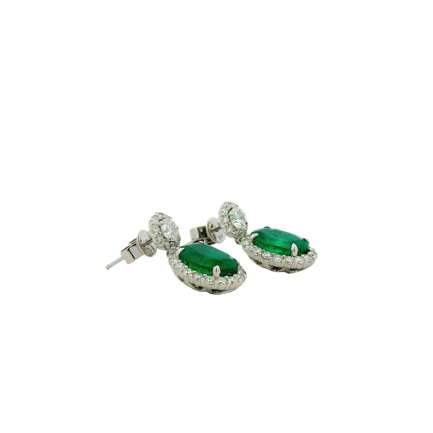 14k White Gold 5.21ctw GIA Certified Natural Green Emerald and Diamond Dangle Earrings — side profile