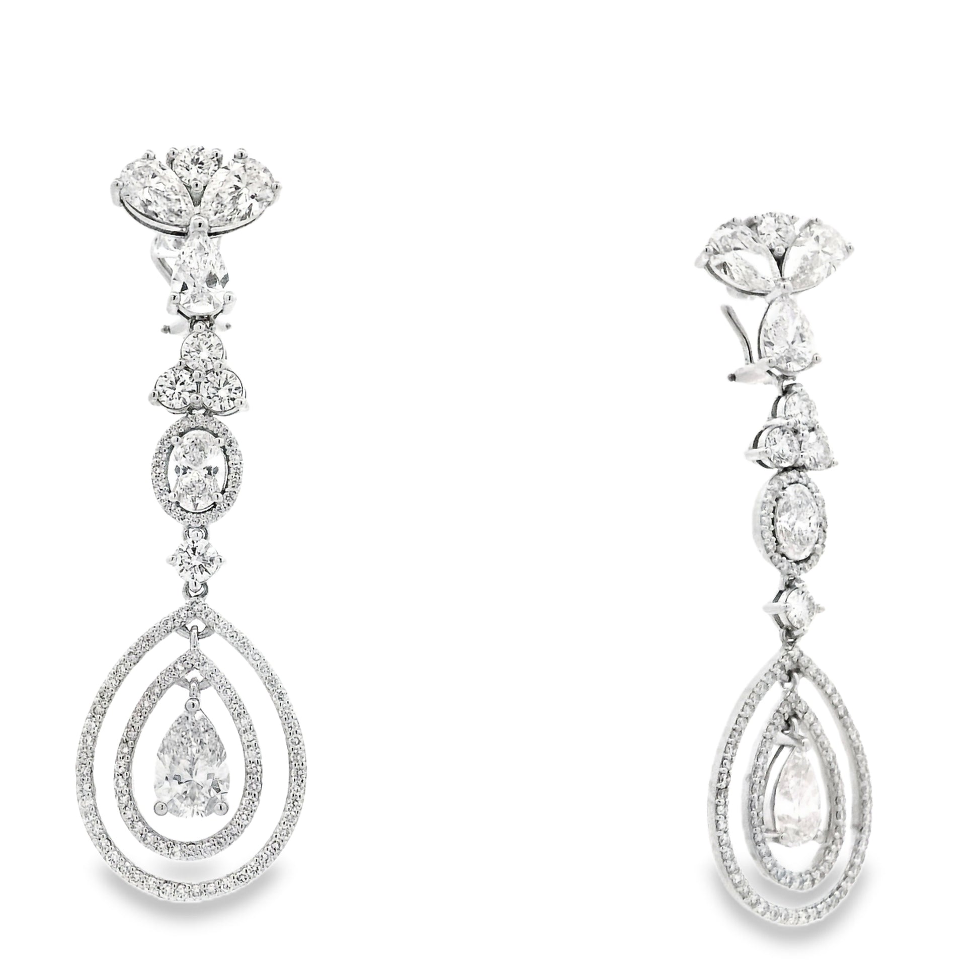 18k White Gold 12.68ctw Pear Oval and Round Brilliant Diamond Drop Earrings — side profile showing the band