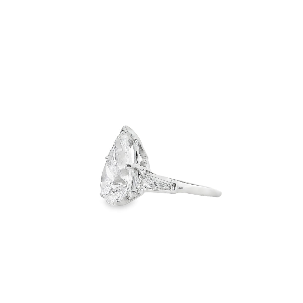 Platinum 4.69ct GIA Pear Cut Diamond Tapered Baguette Three-Stone Engagement Ring — side profile showing the band