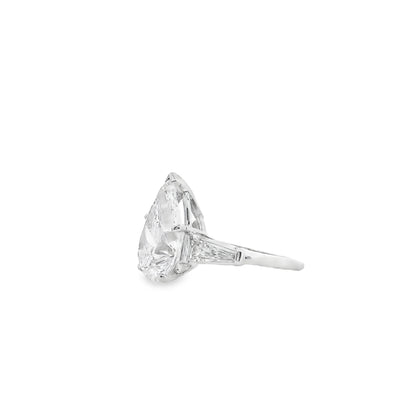 Platinum 4.69ct GIA Pear Cut Diamond Tapered Baguette Three-Stone Engagement Ring — side profile showing the band
