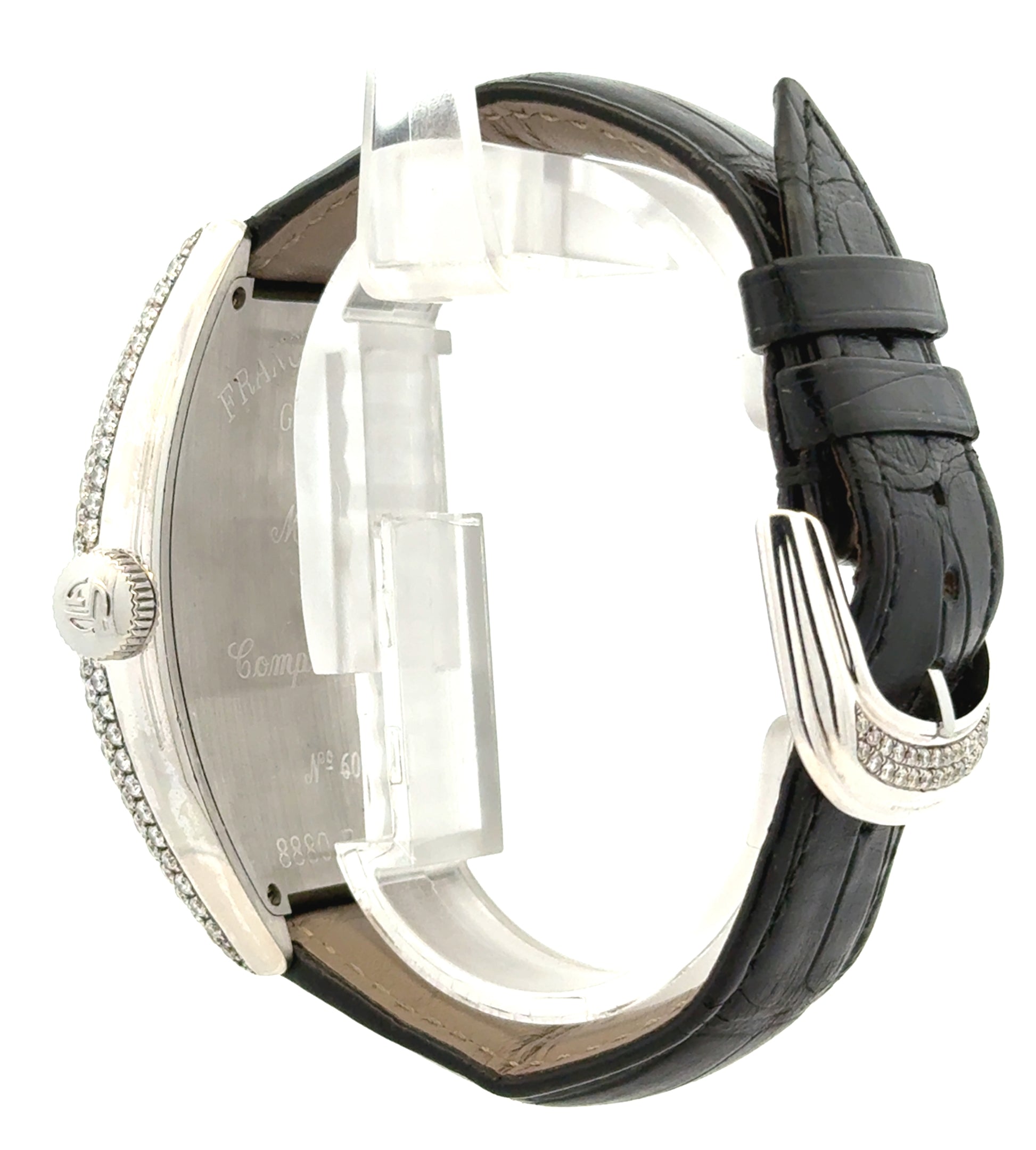 Franck Muller Casablanca 8880 Stainless Steel Diamond Dial & Bezel Black Leather Strap… — side profile showing case thickness