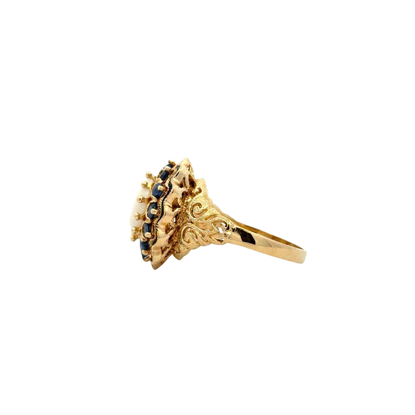 Vintage 18k Yellow Gold Opal and Blue Sapphire Halo Cocktail Ring — side profile showing the band
