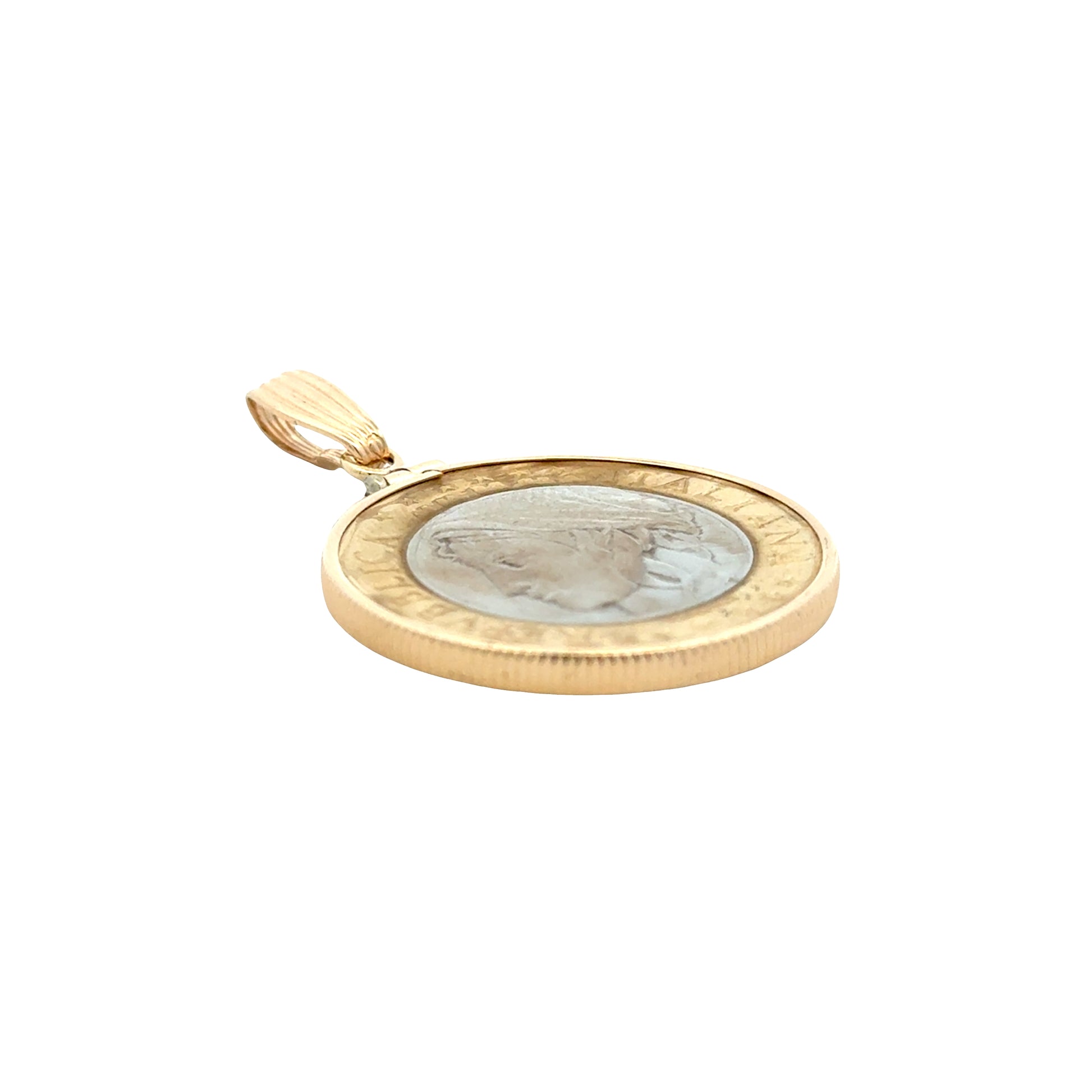14k Yellow Gold Repubblica Italiana Coin Pendant — side profile