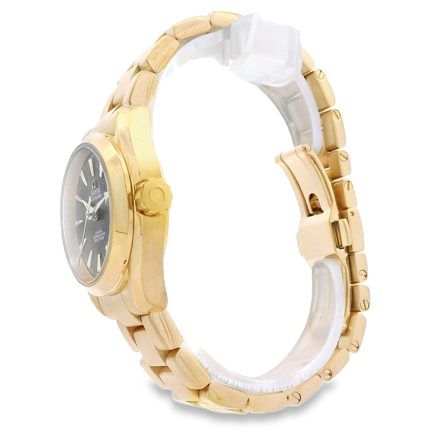 Omega 231.50.30.20.06.002 Seamaster Aqua Terra 30mm Grey Dial 18k Yellow Gold Watch — side profile showing case thickness