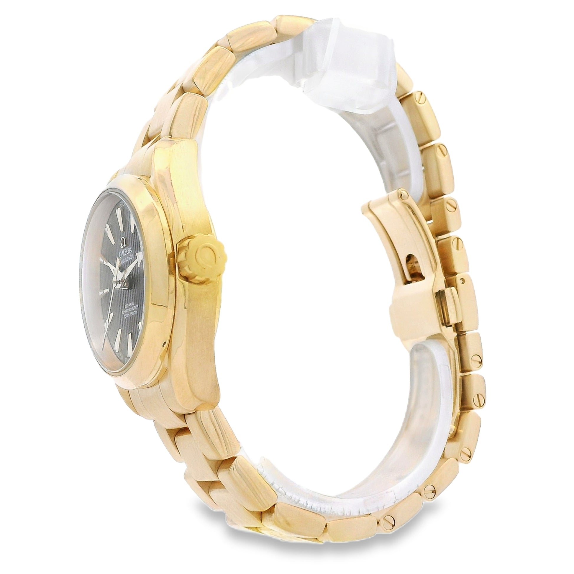 Omega 231.50.30.20.06.002 Seamaster Aqua Terra 30mm Grey Dial 18k Yellow Gold Watch — side profile showing case thickness