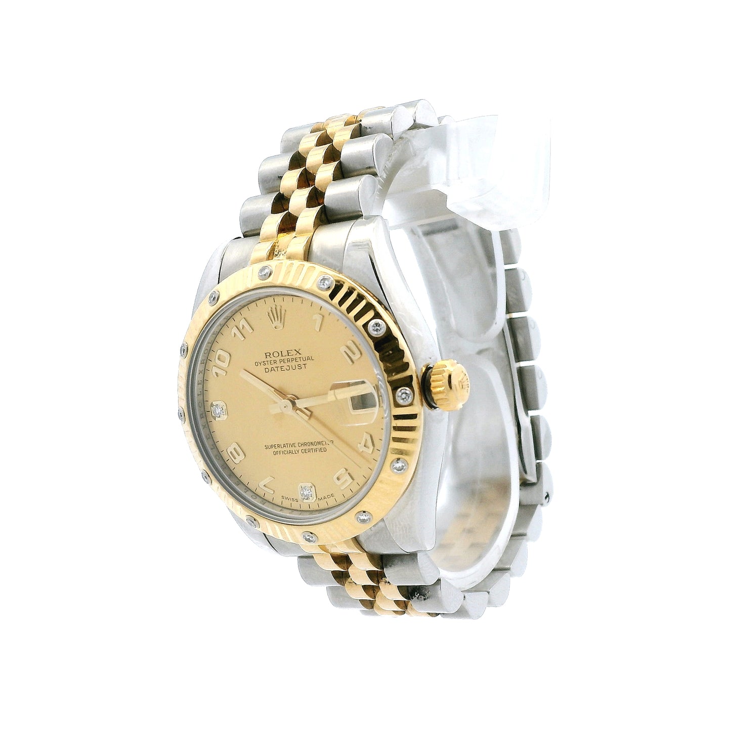 Rolex 178313 Datejust 31mm Champagne MOP Diamond Dial Diamond Bezel Two-Tone Watch — side profile showing case thickness