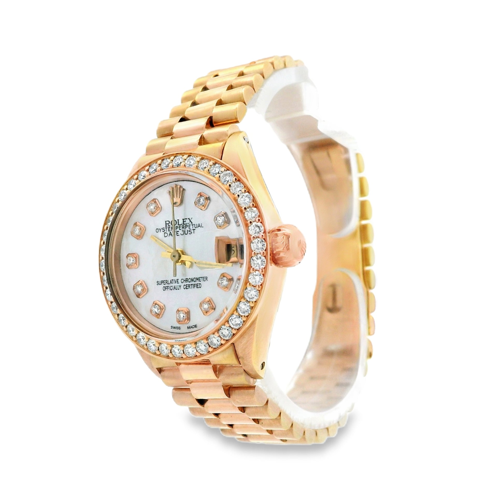 Rolex 6916 Datejust 26mm Mother of Pearl Diamond Dial Rose Gold President Watch — side profile showing case thickness