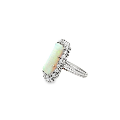 18k White Gold Natural Opal and 2.40ctw Diamond Halo Cocktail Ring — side profile showing the band