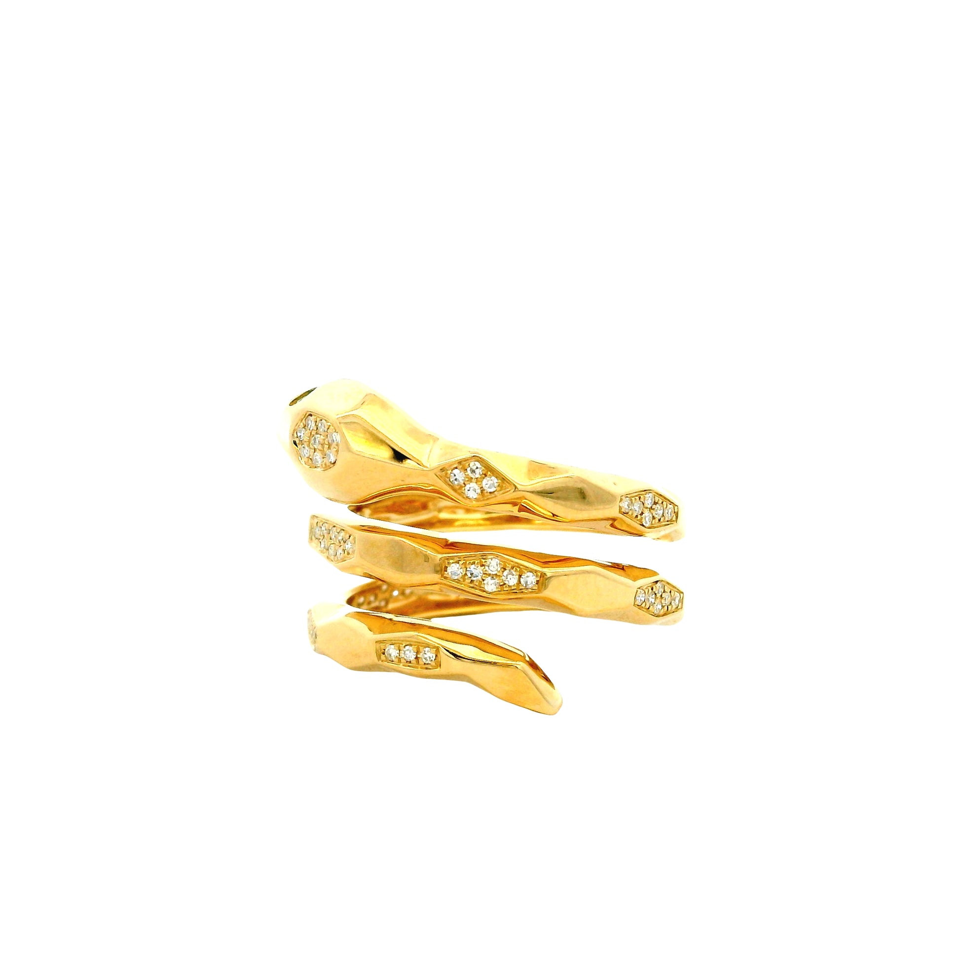 14k Yellow Gold 0.15ct Round Brilliant Diamond and 0.07ct Emerald Cut Diamond Snake Wrap Ring — side profile showing the band