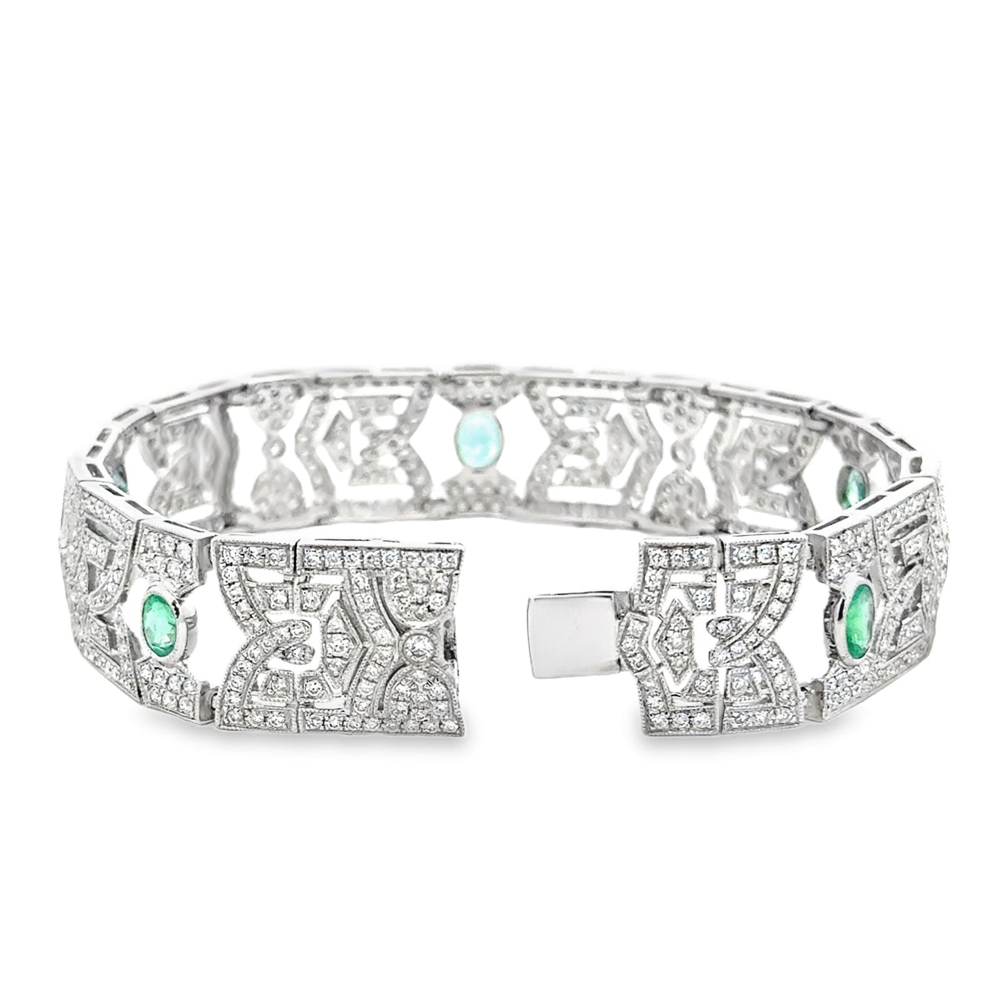 18k White Gold 4.47ctw Diamond Pavé and 0.83ct Emerald Art Deco Bracelet — side profile