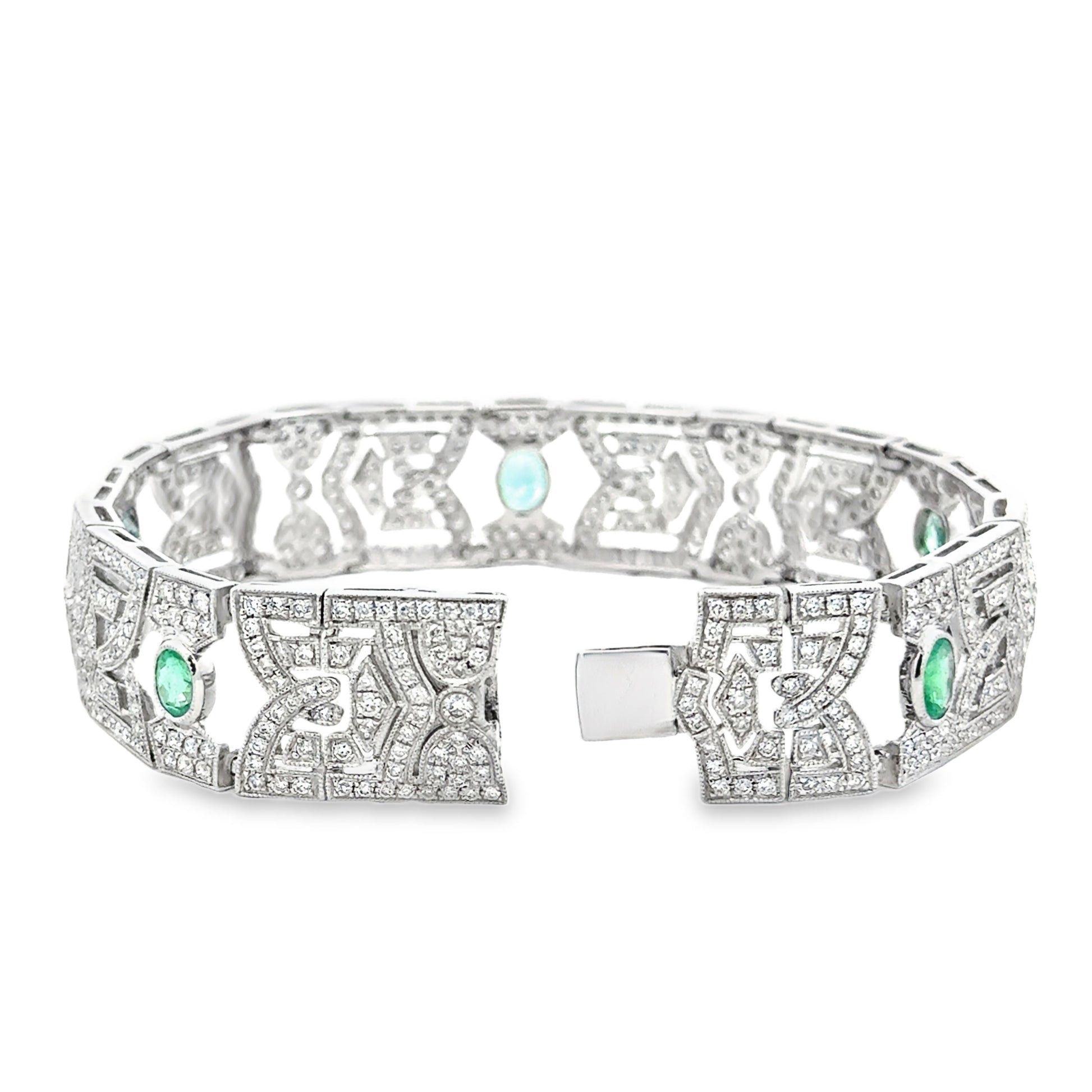 18k White Gold 4.47ctw Diamond Pavé and 0.83ct Emerald Art Deco Bracelet — side profile